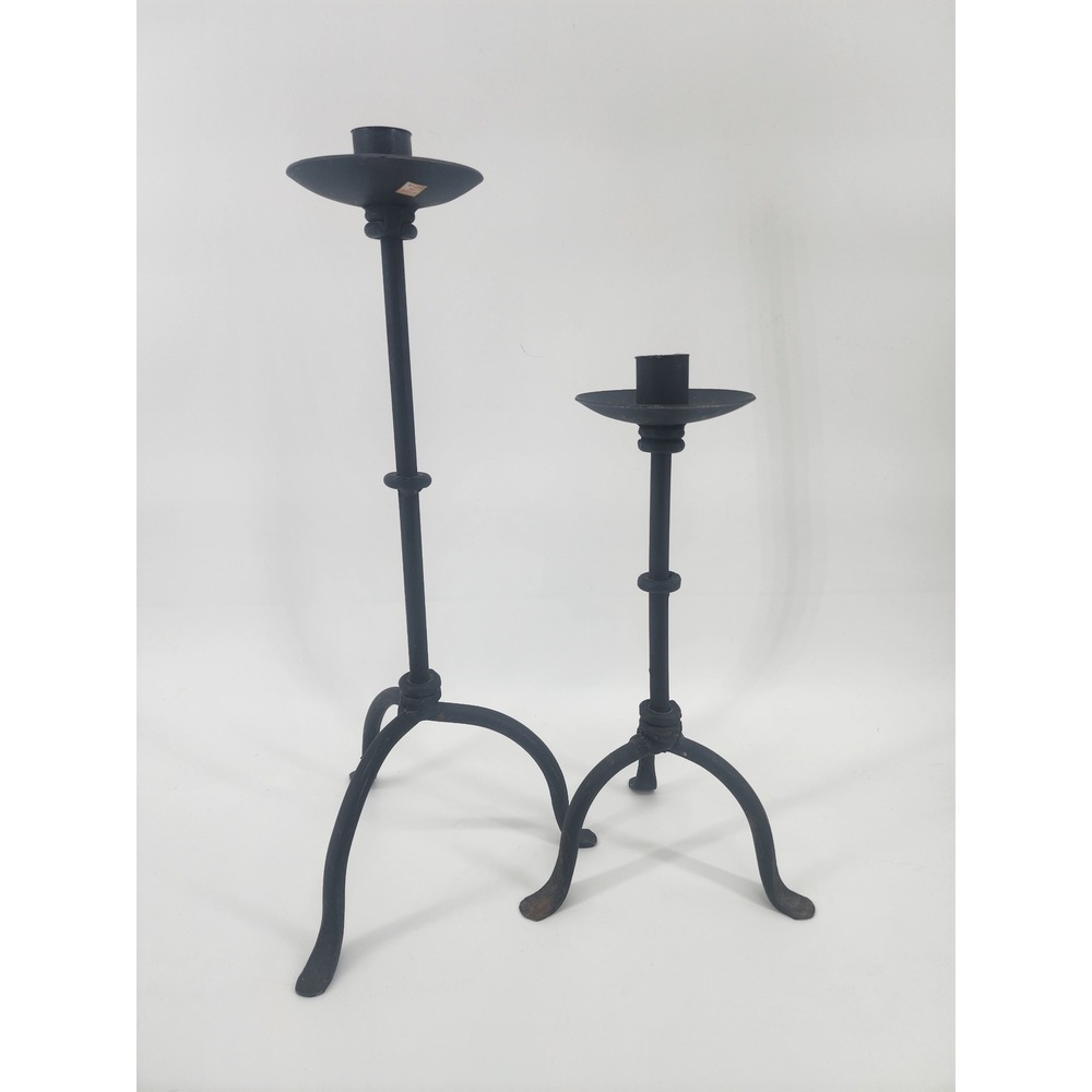 Vintage Brutalist Wrought Iron Tripod Taper Candle Holders Set of‎ 2 Black India